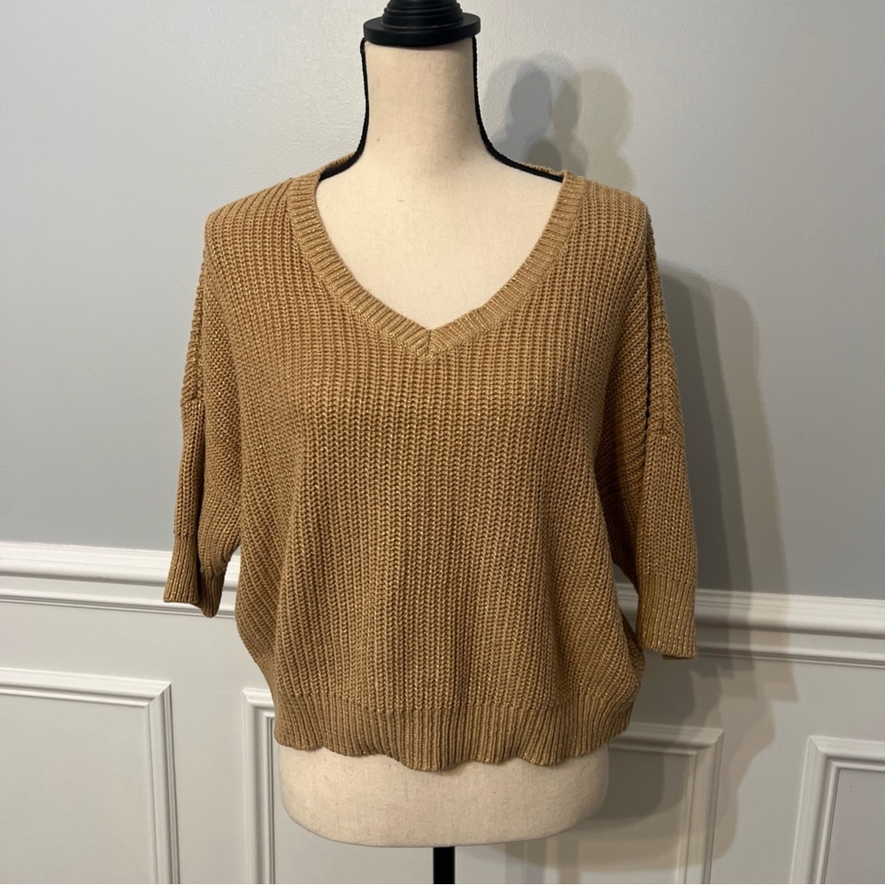 Jennifer Lopez Womens Cropped Shimmer Woven Knit Bat Wing Boxy Short Sleeve M